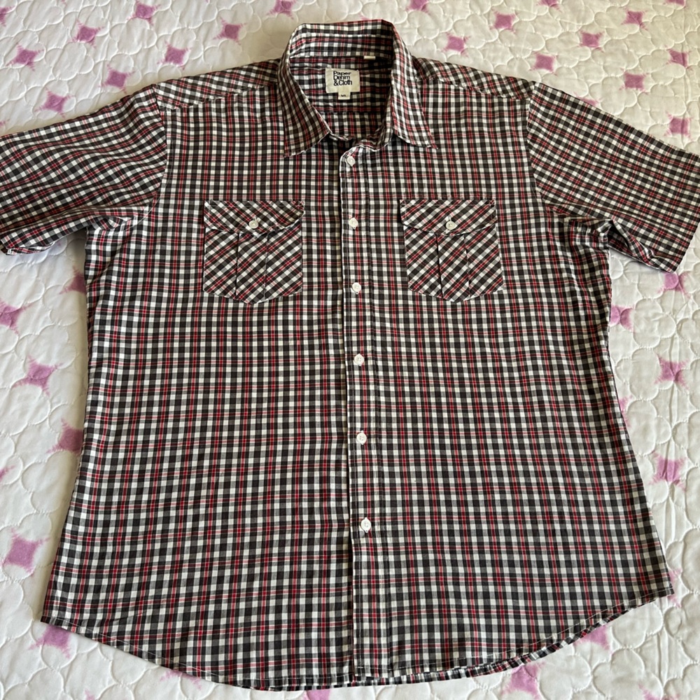 Paper Denim & Cloth Red White Black Plaid Button Down Shirt Short Sleeve Men XL